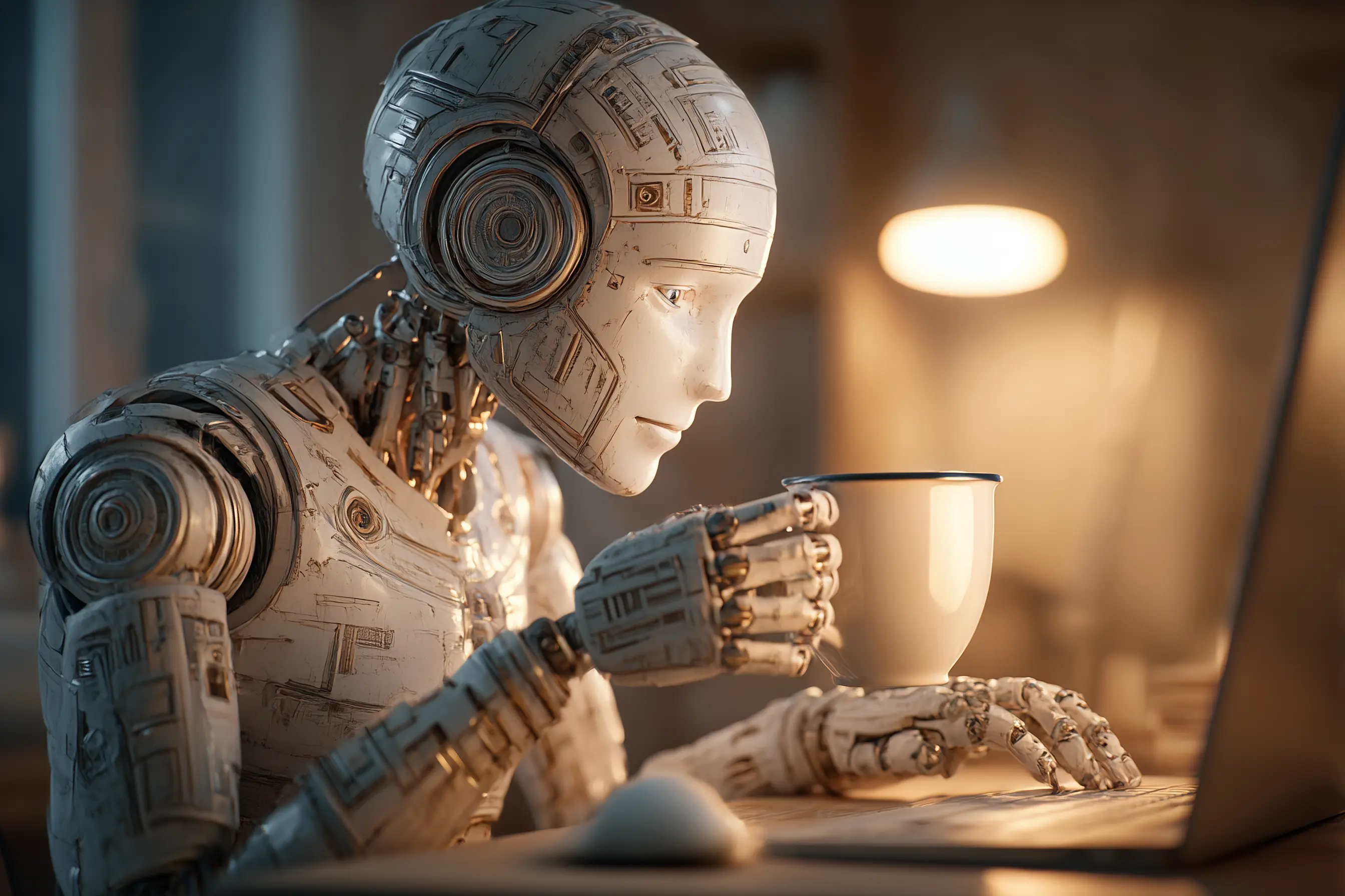 AI-assistent hjälper småföretagare med kaffe och laptop