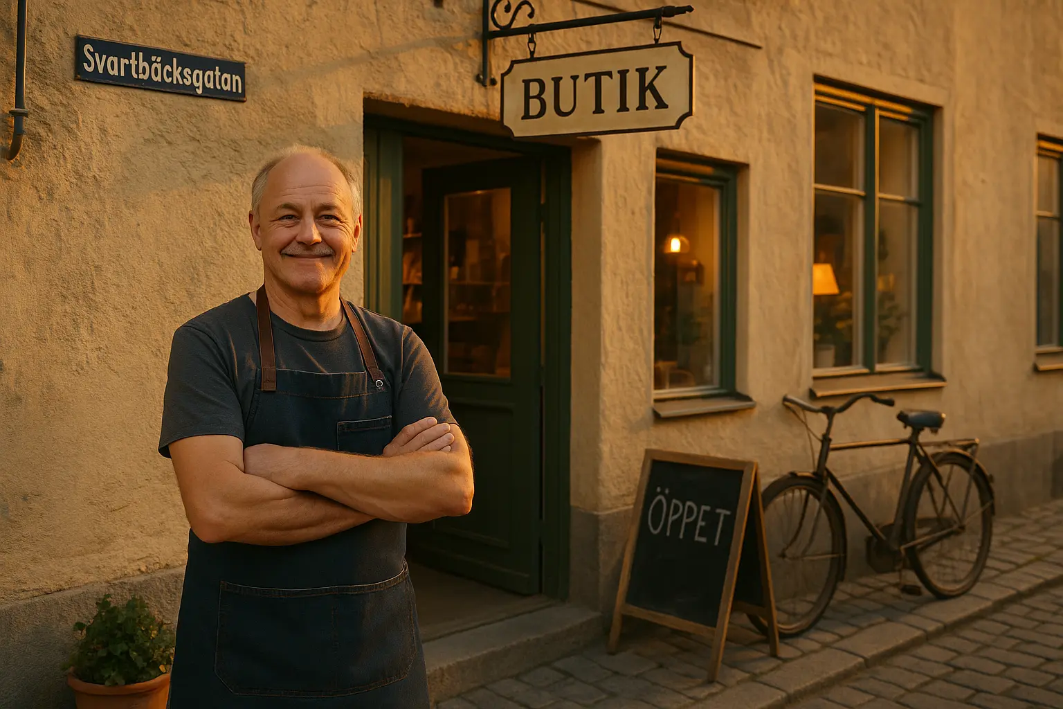 AI-genererad bild av äldre svensk småföretagare utanför sin butik i Uppsala