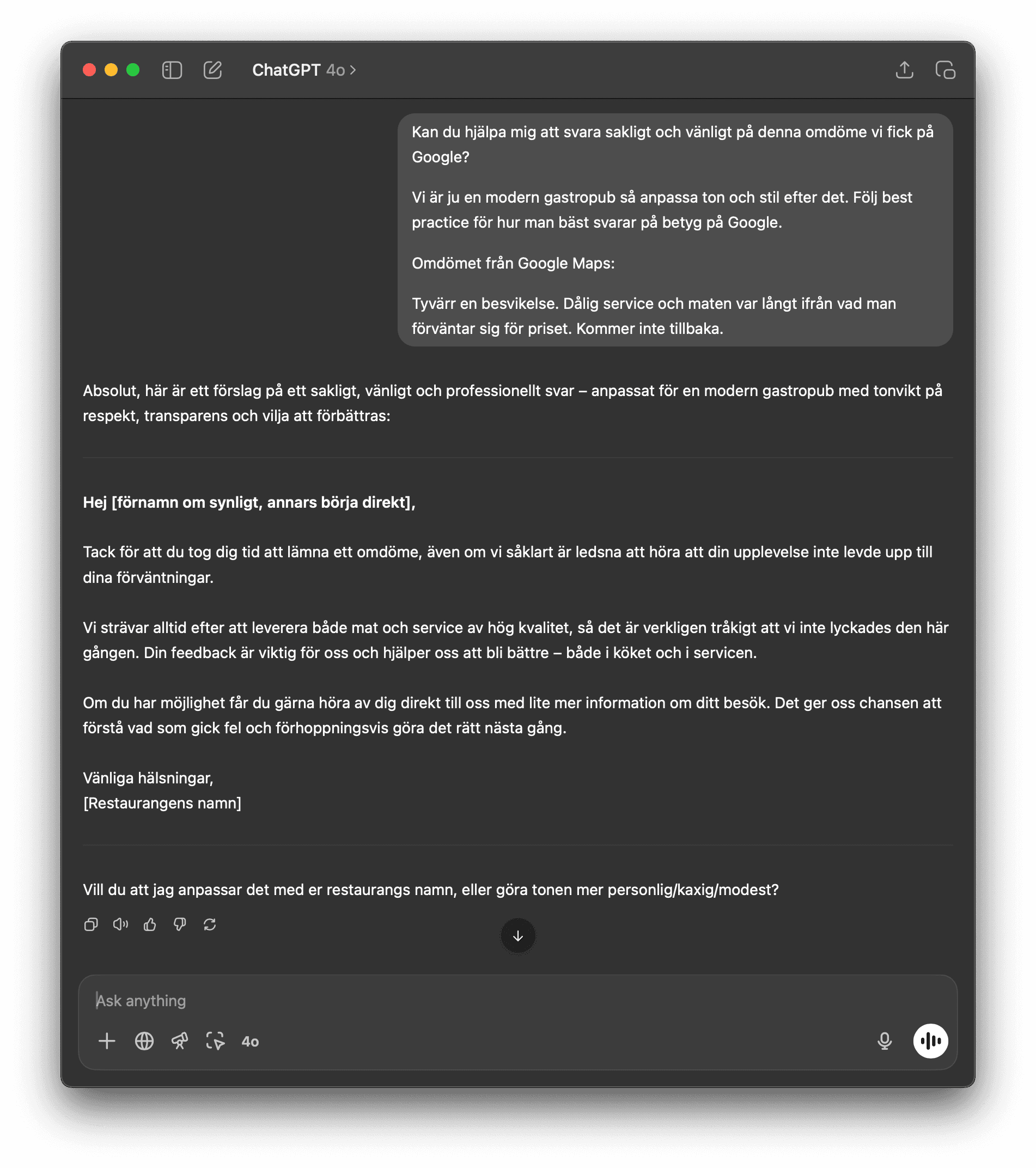Exempel på en konversation med ChatGPT där användaren ber om hjälp med kundkommunikation