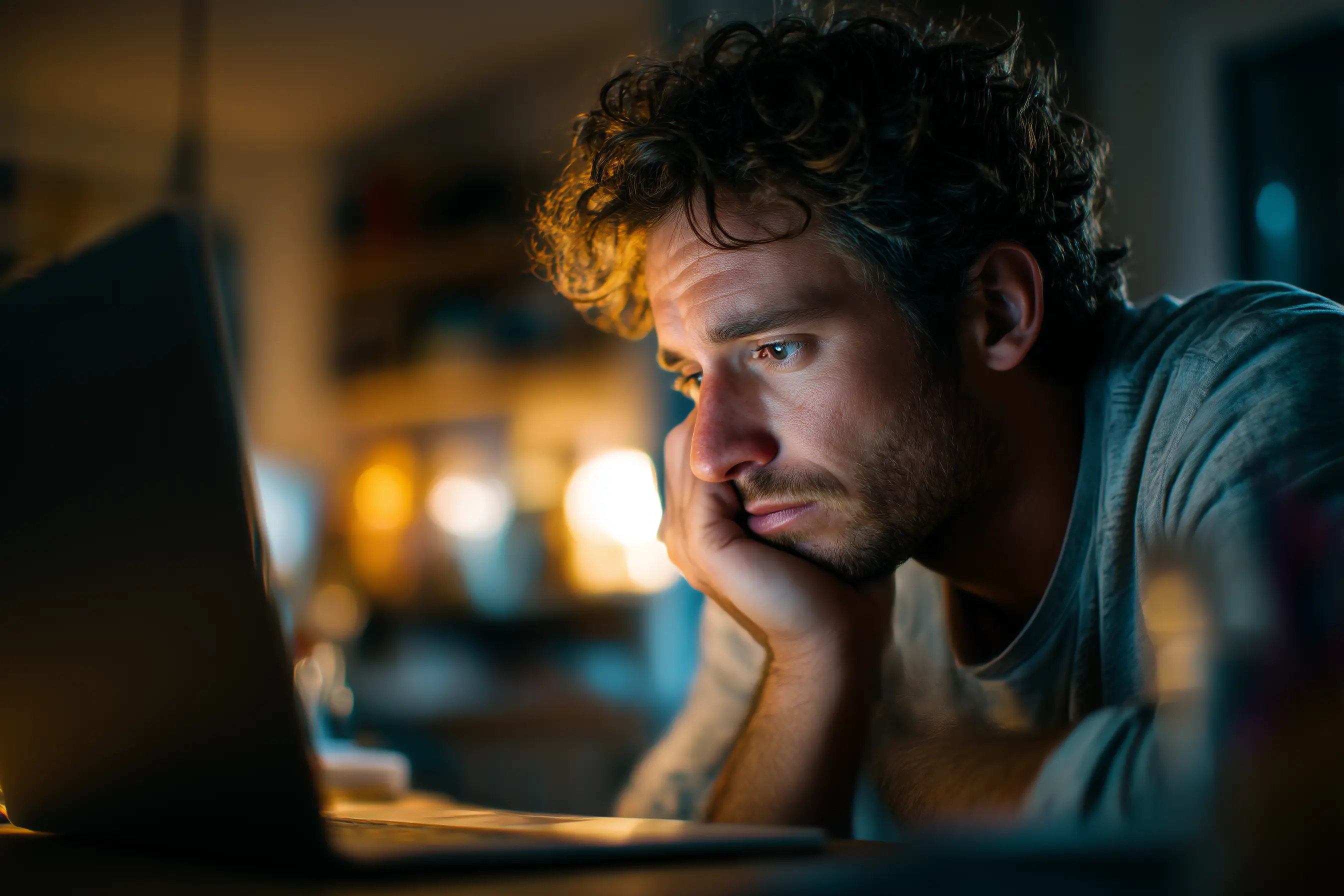 En trött småföretagare som sitter framför sin laptop sent på kvällen, fundersam och överväldigad av arbetsbördan