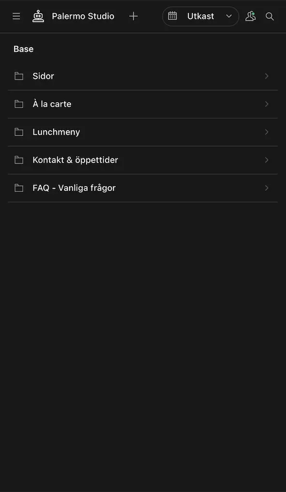 CMS mobile editing interface showing menu editing functionality